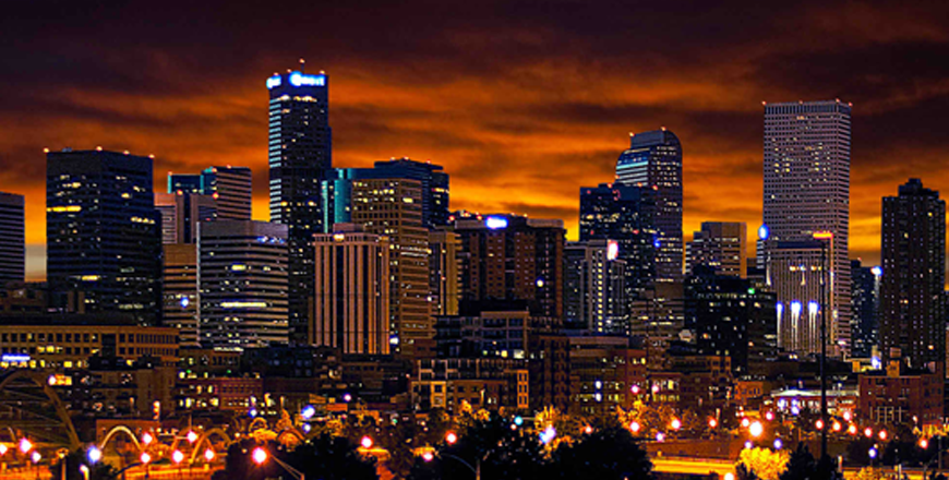 Denver Colorado skyline at sunset